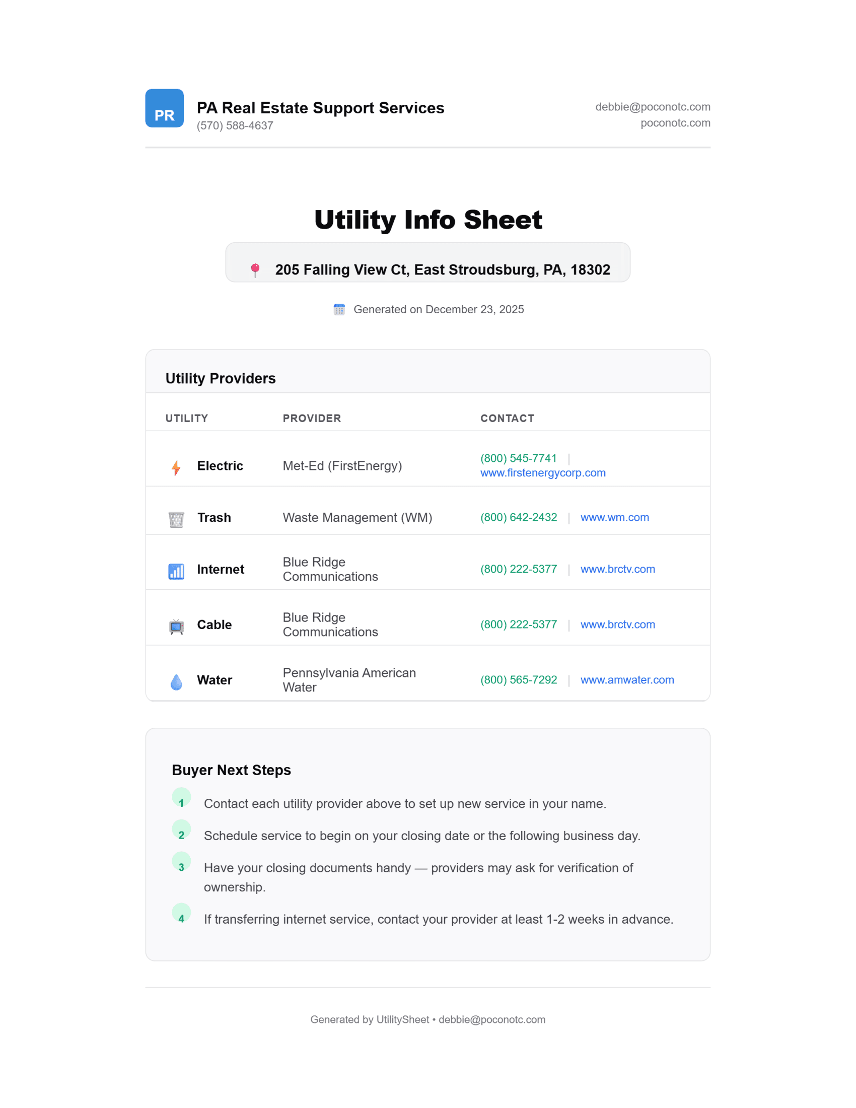 Generated utility sheet PDF for a real estate transaction